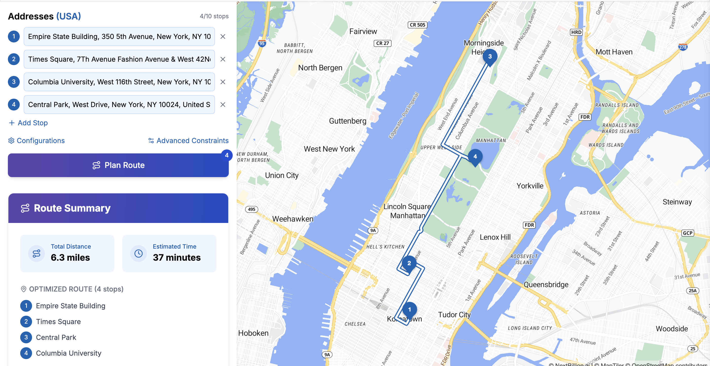 Free Route Planner Tool Interface - Optimize delivery routes with AI technology showing New York City route with 4 stops including Empire State Building, Times Square, Columbia University, and Central Park